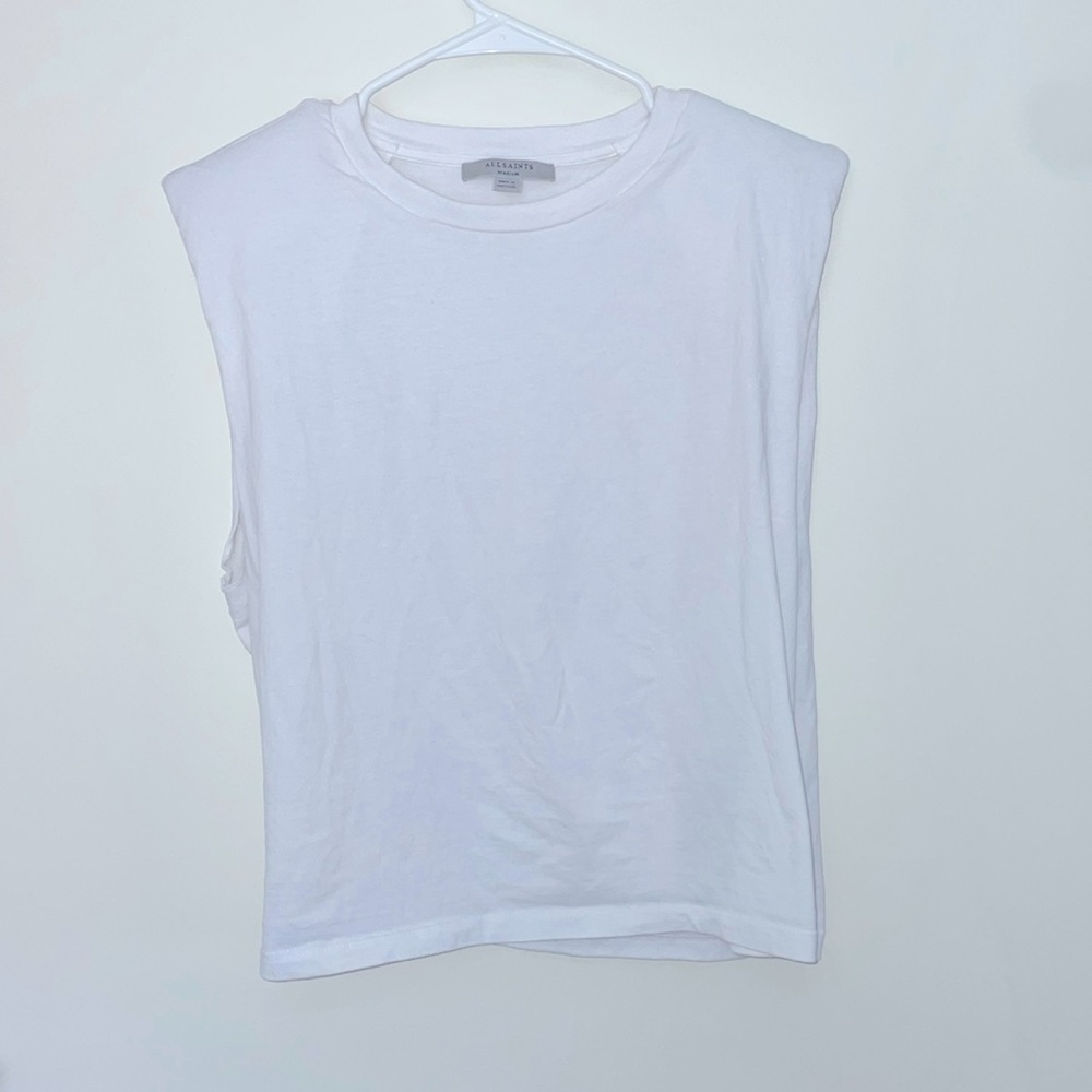 All Saints white muscle tee with shoulder pads